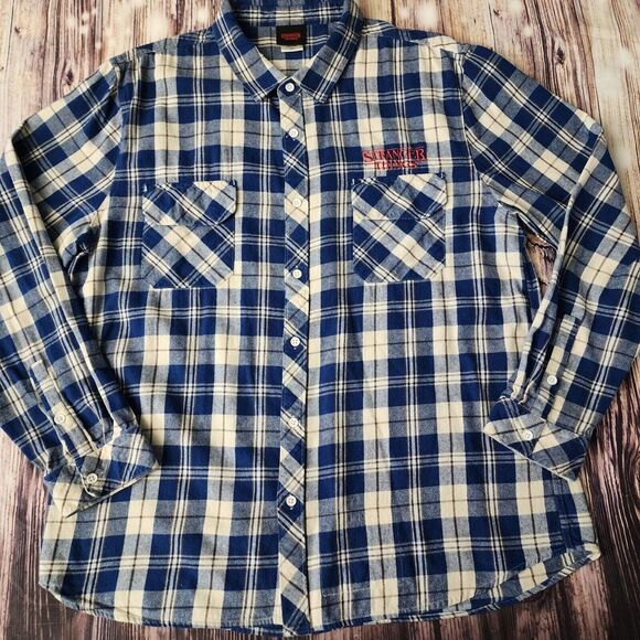 Stranger Things Mens Flannel Long Sleeve Shirt Blue‎ Netflix Checkered XXL 2XL - Picture 1 of 12